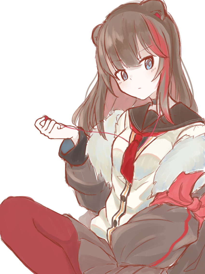 1girl animal_ears arknights bear_ears black_jacket black_sailor_collar black_serafuku black_shirt black_skirt blue_eyes blush brown_hair cardigan closed_mouth earbuds earphones fur-trimmed_jacket fur_trim hand_up highres holding holding_earphones jacket long_hair long_sleeves looking_at_viewer multicolored_hair off_shoulder open_clothes open_jacket pantyhose pleated_skirt puffy_long_sleeves puffy_sleeves red_hair red_pantyhose ryoku_sui sailor_collar school_uniform serafuku shirt simple_background skirt solo streaked_hair white_background white_cardigan zima_(arknights)