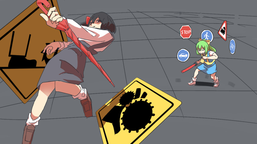 2girls bicycles_only_sign black_hair black_skirt blue_skirt blue_vest brown_footwear closed_eyes commentary_request cookie_(touhou) daiyousei diyusi_(cookie) full_body grey_background grin high-visibility_clothing high-visibility_vest high_ponytail holding holding_umbrella leftame loafers long_hair long_sleeves loose_socks motor_vehicles_only_sign multiple_girls one_side_up pedestrians_only_sign ponytail red_eyes red_umbrella road_sign shirt shoes short_hair sign siyudi_(cookie) skirt skirt_set smile socks stop_sign suspender_skirt suspenders touhou traffic_baton umbrella v-shaped_eyebrows vest white_footwear white_shirt white_socks
