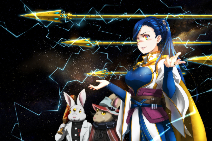 1girl 2others blood bloody_weapon blue_hair braid breasts brooch cape club_(weapon) electricity flower formal_clothes genya_(genya67) gold_trim grey_headwear hair_flower hair_ornament hat highres holding holding_club holding_weapon honzuki_no_gekokujou jewelry medium_breasts multicolored_eyes multiple_others myne_(honzuki_no_gekokujou) polearm rabbit rainbow_eyes revision ring schwartz_(honzuki_no_gekokujou) spear standing suit vial weapon weiss_(honzuki_no_gekokujou) white_suit yellow_cape yellow_eyes