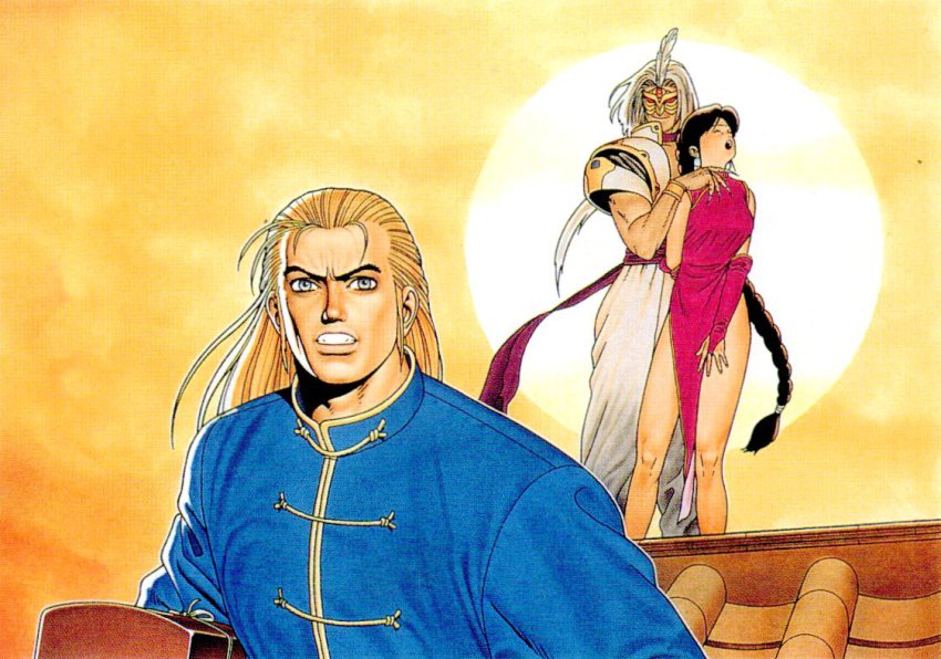 1990s_(style) 1girl 2boys andy_bogard arabian_clothes china_dress chinese_clothes dawn dress fatal_fury fatal_fury:_the_motion_picture hauer hostage kipao legs mask mori_toshiaki multiple_boys neo_geo official_art pectorals red_eyes retro_artstyle shiranui_mai snk sun sunrise white_hair