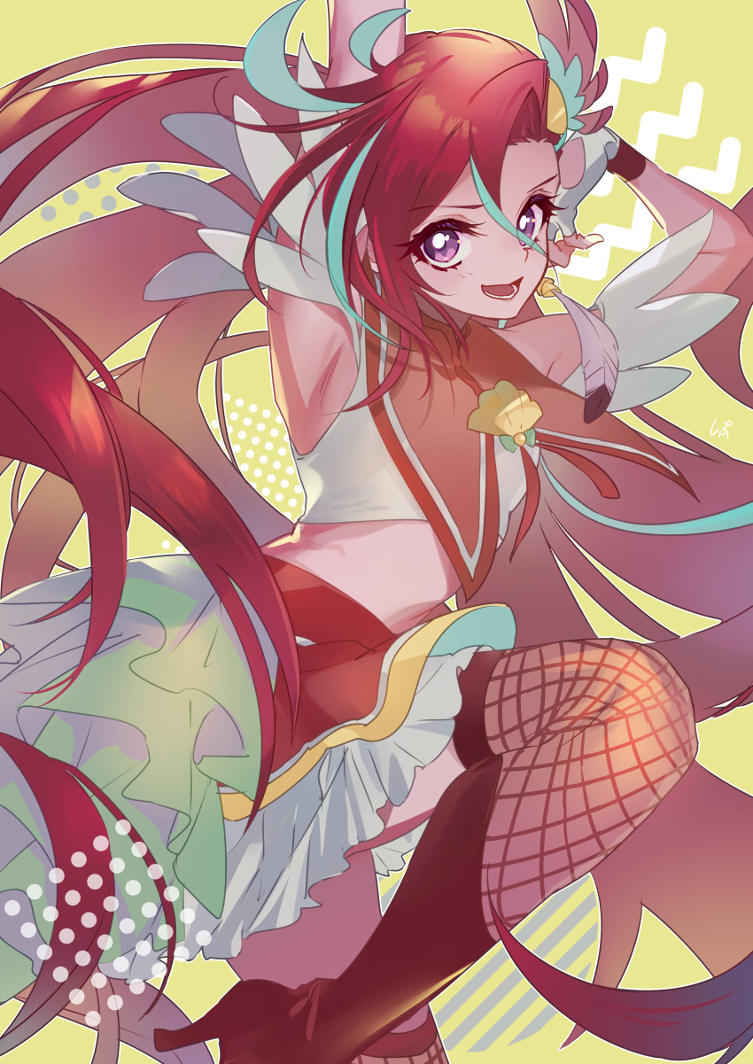 1girl absurdres aqua_hair arm_up armpit_crease armpits bare_shoulders boots capelet clothing_cutout crop_top cure_flamingo earrings eyelashes feather_earrings feather_hair_ornament feather_sleeves feathers fingerless_gloves fishnet_thighhighs fishnets floating_hair foot_out_of_frame frilled_skirt frills gloves hair_between_eyes hair_ornament halftone hand_on_own_head happy heart_cutout high_heel_boots high_heels highres jewelry knee_boots knee_up long_hair looking_at_viewer lower_teeth_only magical_girl midriff miniskirt multicolored_hair open_mouth precure purple_eyes red_boots red_capelet red_hair red_ribbon red_skirt red_thighhighs ribbon shell_brooch shipu_(gassyumaron) shirt short_sleeves signature skirt smile solo streaked_hair swept_bangs takizawa_asuka teeth thighhighs tropical-rouge!_precure two-tone_hair very_long_hair white_gloves white_shirt yellow_background yellow_brooch