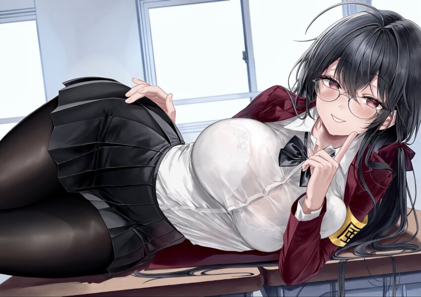 1girl ahoge azur_lane black_bow black_hair black_pantyhose black_skirt bow bra bra_visible_through_clothes breasts classroom cleavage desk glasses hand_on_own_hip highres jacket large_breasts long_hair looking_at_viewer on_desk open_clothes open_jacket pantyhose red_eyes red_jacket see-through_clothes shirt sitting skirt smile solo taihou_(azur_lane) underwear white_bra white_shirt window ya_ta