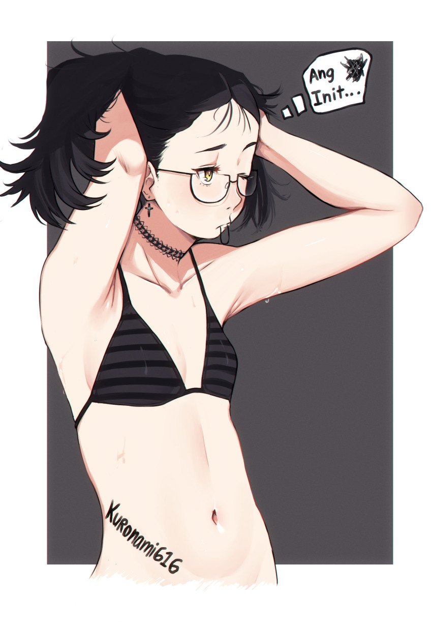 1girl armpits bikini black_hair choker cross cross_earrings earrings flat_chest glasses highres jewelry kuronami616 midriff navel one_eye_closed original piercing simple_background sweat swimsuit tagalog_text yellow_eyes