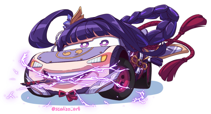 artist_name blunt_bangs bow bowtie braid car cars_(movie) commentary crossover electricity english_commentary flower genshin_impact hair_intakes hair_ornament highres lace_trim lightning_mcqueen long_hair looking_at_viewer mitsudomoe_(shape) mole motor_vehicle mouth_hold nut_(hardware) objectification open_mouth purple_eyes purple_flower purple_hair raiden_shogun raised_eyebrow rope scalizo shadow shimenawa simple_background solo sword teeth tomoe_(symbol) twitter_username unused_tire vehicalization weapon what wheel white_background