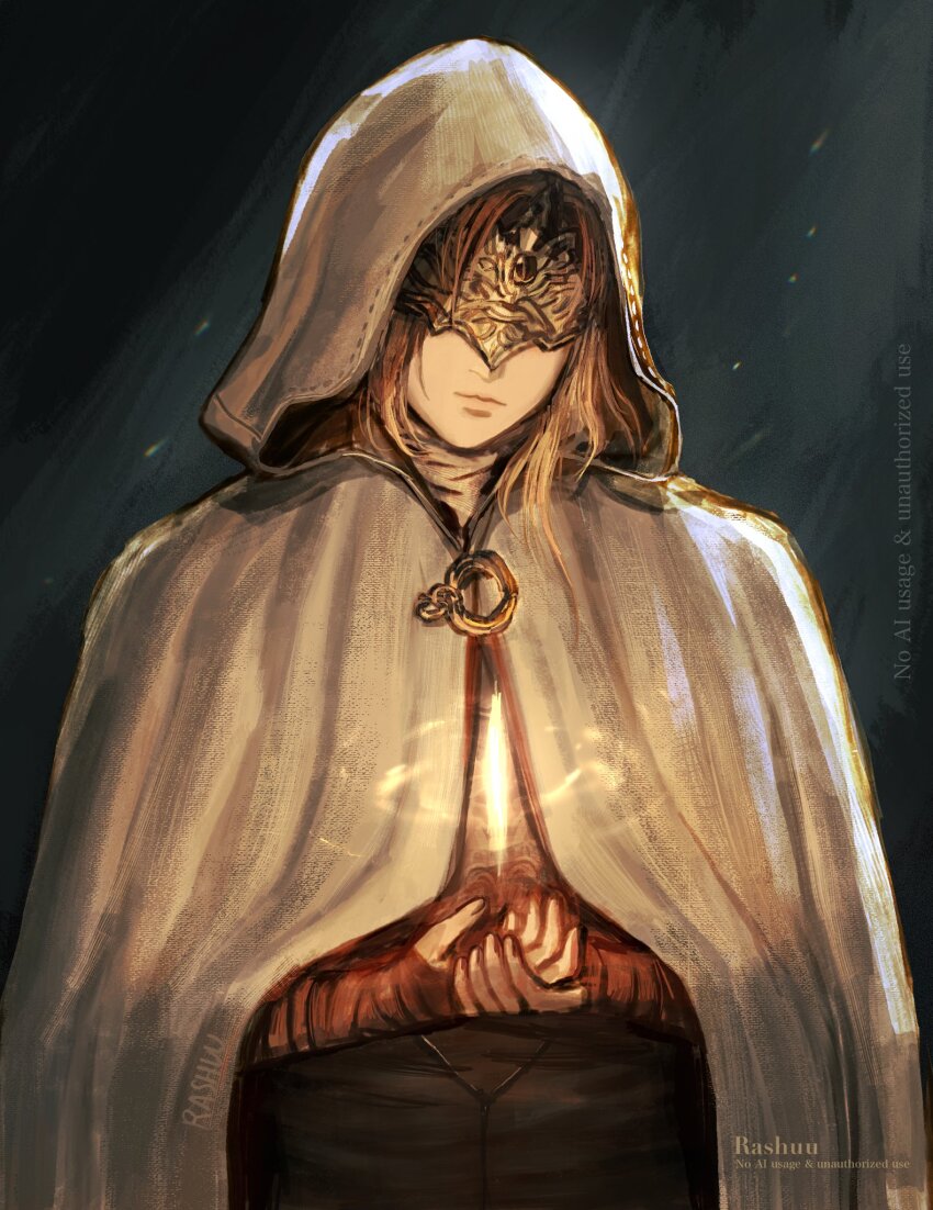 1girl artist_name black_background blindfold blonde_hair cape cloak closed_mouth commentary covered_eyes dark_souls_(series) dark_souls_iii elden_ring elden_ring_nightreign facing_viewer fire_keeper green_background highres hood hooded_cape long_hair mask own_hands_together rashuu solo watermark white_cape