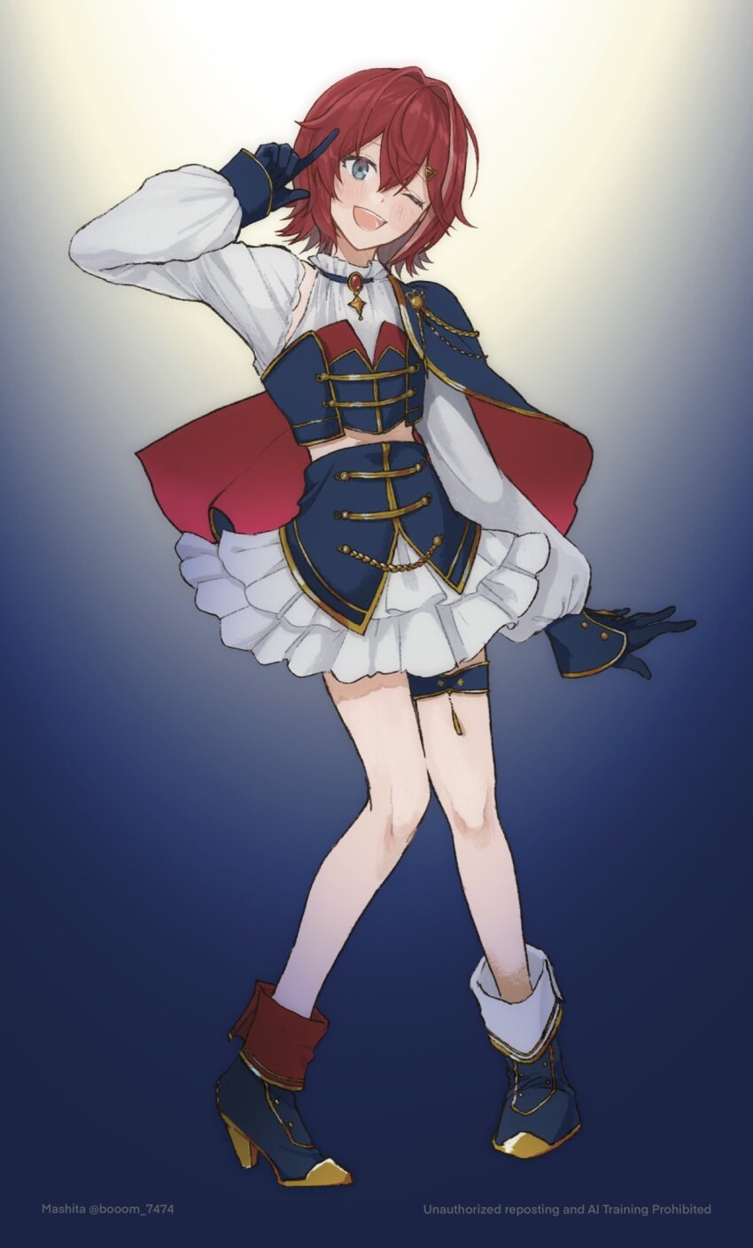 1girl :d aiguillette ange_katrina artist_name asymmetrical_footwear blue_background blue_boots blue_cape blue_eyes blue_gloves blue_shirt blue_skirt blush booom_7474 boots cape commentary_request double-parted_bangs fold-over_boots frilled_skirt frills full_body gem gloves gold_trim gradient_background hair_between_eyes hair_intakes hand_up head_tilt high_heel_boots high_heels highres idol_clothes index_finger_raised knees_together_feet_apart layered_shirt layered_skirt long_sleeves looking_at_viewer medium_hair midriff_peek miniskirt mismatched_footwear multicolored_hair nijisanji nijisanji_idol_uniform one_eye_closed open_mouth pink_hair puffy_long_sleeves puffy_sleeves red_cape red_gemstone red_hair shirt side_cape skirt sleeve_cuffs sleeves_past_wrists smile solo standing streaked_hair teeth thigh_strap twitter_username two-sided_cape two-sided_fabric two-tone_hair virtual_youtuber white_background white_shirt white_skirt