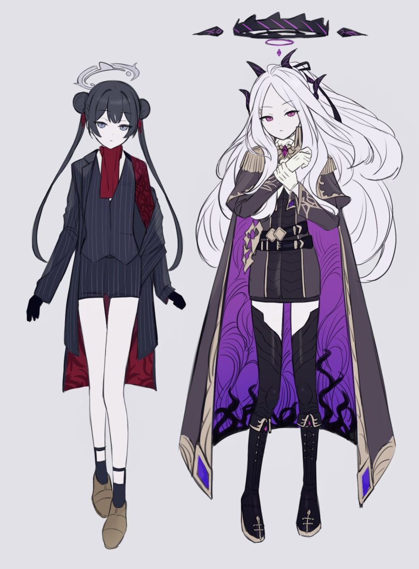 2girls adjusting_clothes adjusting_gloves antonio_salieri_(fate) antonio_salieri_(fate)_(cosplay) antonio_salieri_(second_ascension)_(fate) antonio_salieri_(second_ascension)_(fate)_(cosplay) ascot belt black_belt black_boots black_gloves black_hair black_jacket black_ribbon black_shorts black_socks black_vest blue_archive blue_eyes boots brown_shoes cape cosplay double_bun dress edmond_dantes_(fate) epaulettes expressionless fate/grand_order fate_(series) full_body gloves grey_background grey_cape grey_dress hair_bun hair_ribbon halo highres hina_(blue_archive) horns jacket kisaki_(blue_archive) legwear_garter multiple_girls open_clothes open_jacket pinstripe_jacket pinstripe_pattern pinstripe_shorts pinstripe_vest ponytail purple_eyes red_ascot red_ribbon red_sleeves ribbon shoes shorts simple_background socks standing sumi_(gfgf_045) the_count_of_monte_cristo_(fate) the_count_of_monte_cristo_(fate)_(cosplay) the_count_of_monte_cristo_(second_ascension)_(fate) twintails two-sided_cape two-sided_fabric two-sided_jacket vest white_gloves white_hair