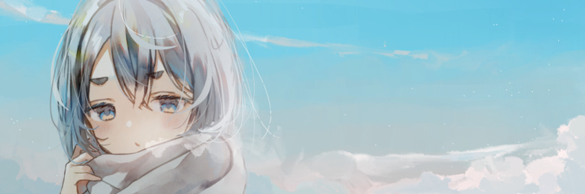 1girl blue_eyes breath commentary_request day doratekoponpon enpera grey_hair hand_up looking_at_viewer original outdoors portrait scarf sky solo thick_eyebrows