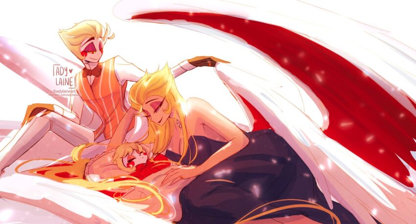 1boy 2girls adylaineart charlie_morningstar couple demon_boy demon_girl dress family father_and_daughter hazbin_hotel husband_and_wife lilith_(hazbin_hotel) long_hair lucifer_morningstar_(hazbin_hotel) mother_and_daughter multiple_girls sleeping very_long_hair