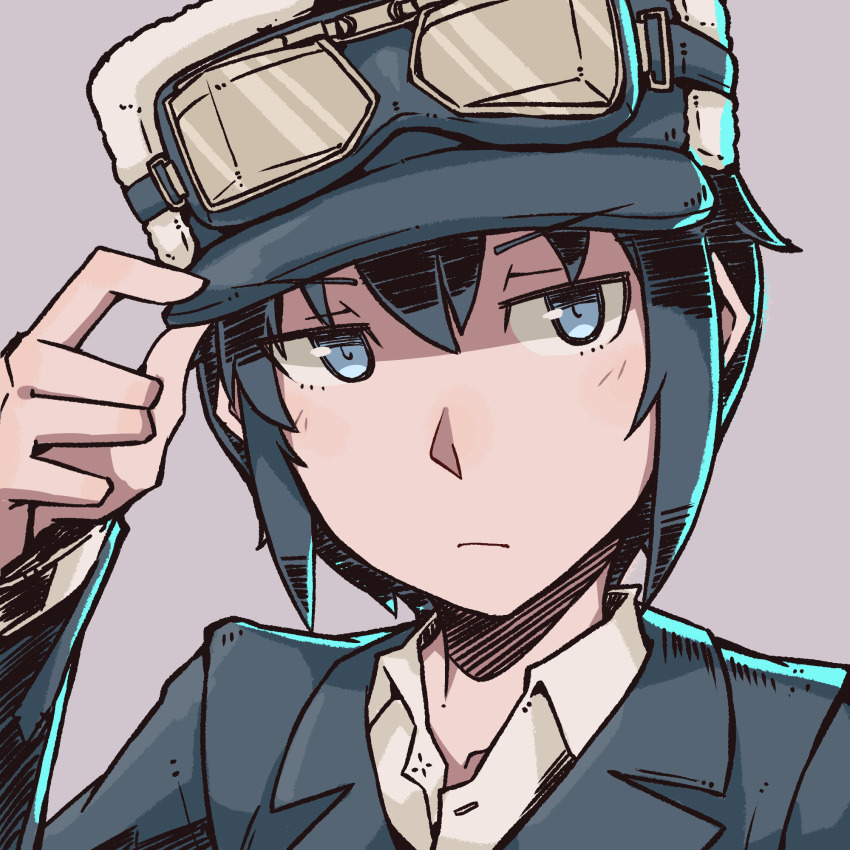 1girl :/ black_hair closed_mouth collared_shirt commentary_request fur_hat goggles goggles_on_headwear grey_background grey_eyes grey_jacket hand_on_headwear hat highres jacket kino_(kino_no_tabi) kino_no_tabi kokuya_(kokuya28) looking_at_viewer peaked_cap shirt simple_background solo upper_body v-shaped_eyebrows white_hat white_shirt