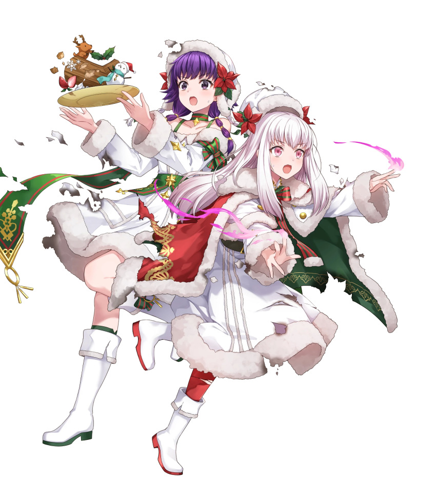 2girls amagai_tarou belt boots bow braid cape choker collarbone fire_emblem fire_emblem:_the_sacred_stones fire_emblem:_three_houses fire_emblem_heroes food fruit full_body fur_trim gold_trim hat highres knee_boots leg_up long_hair long_sleeves looking_away lute_(fire_emblem) lute_(winter)_(fire_emblem) lysithea_von_ordelia lysithea_von_ordelia_(winter) multiple_girls nintendo official_art open_mouth pantyhose purple_eyes purple_hair red_legwear simple_background snowman torn_cape torn_clothes torn_legwear transparent_background white_footwear white_hair