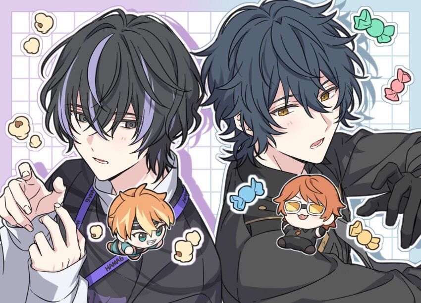 18trip 4boys aqua_eyes aqua_jacket back-to-back black_footwear black_hair black_headband black_pants black_shirt black_suit blue_border border brown_eyes brown_hair candy chibi collared_shirt food formal_clothes goggles grey_eyes grid hair_behind_ear hair_between_eyes hair_intakes hands_up headband high_collar isotake_akuta jacket kinugawa_kiroku lanyard layered_sleeves light_blush long_sleeves looking_at_another male_focus multicolored_hair multiple_boys natsume_yodaka necktie nishizono_renga orange_hair pants popcorn red_necktie sekina shirt streaked_hair striped_clothes striped_headwear suit tinted_eyewear upper_body yellow-tinted_eyewear