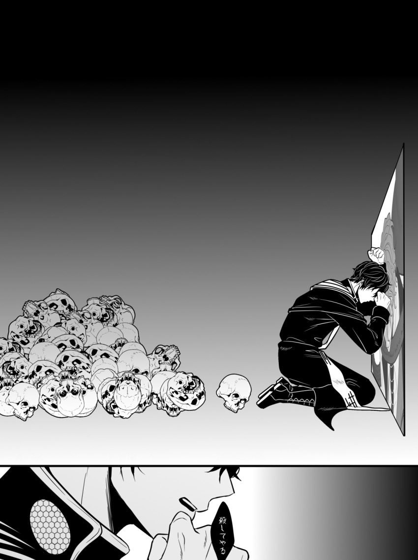 1boy beelzebub_(shuumatsu_no_valkyrie) boots greyscale high_collar highres male_focus messy_hair monochrome multiple_views nikola_tesla_(shuumatsu_no_valkyrie) parted_lips picture_frame robe scarf short_hair shuumatsu_no_valkyrie skull solo_focus teeth upper_teeth_only