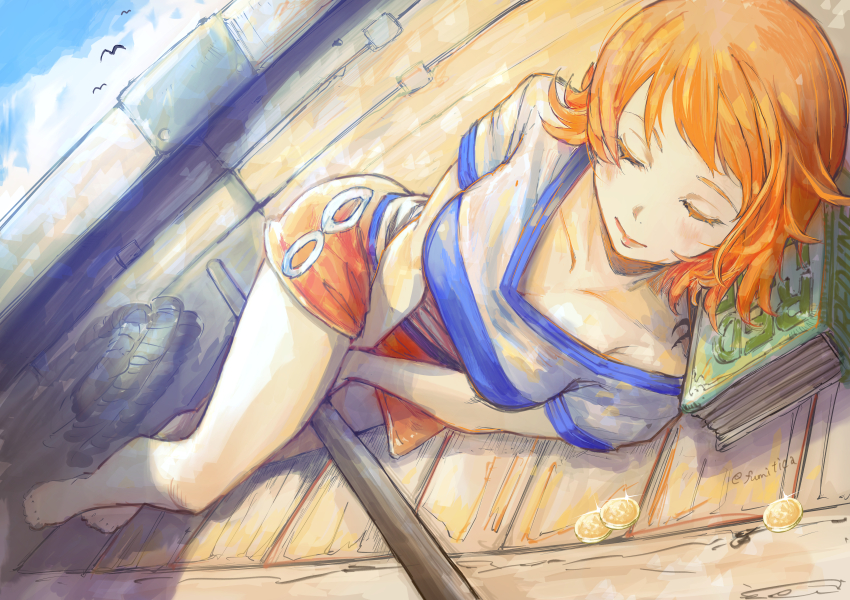 1girl absurdres artist_name barefoot blue_shirt boat book closed_eyes closed_mouth coin commentary commentary_request english_commentary glint highres illustica_phantom lying mixed-language_commentary nami_(one_piece) nami_(one_piece)_(east_blue) on_side one_piece orange_hair orange_skirt shirt simple_bird skirt smile solo two-tone_shirt v-neck watercraft white_shirt