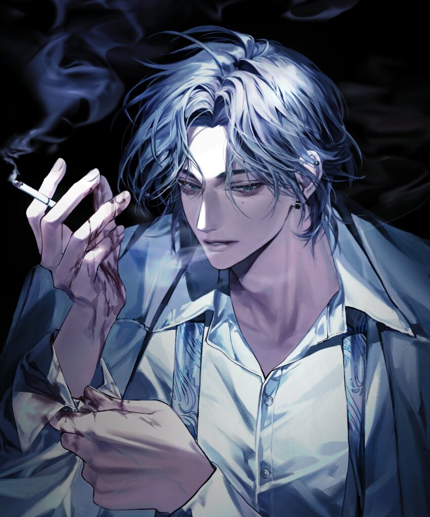 1boy adam&#039;s_apple black_background black_hair blood blood_on_clothes blood_on_hands blue_eyes chhiii_o_o cigarette ear_piercing earrings formal_clothes grey_necktie grey_suit highres holding holding_cigarette jewelry male_focus medium_hair mole mole_under_eye necktie original parted_bangs parted_lips piercing shirt simple_background smoke smoking solo suit upper_body white_shirt