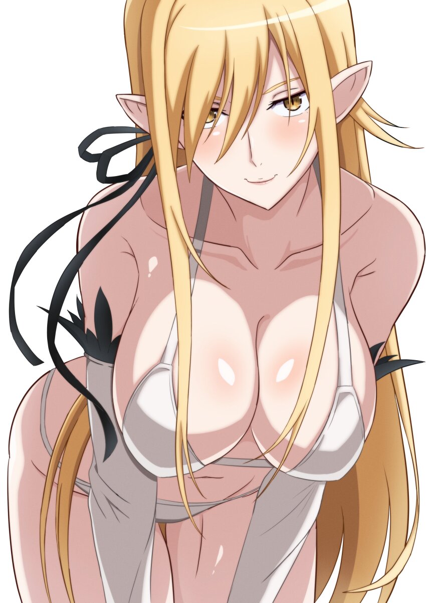 1girl absurdres bikini blonde_hair collarbone commentary_request elbow_gloves gloves highres kakukakusan kiss-shot_acerola-orion_heart-under-blade kizumonogatari leaning_forward long_hair looking_at_viewer monogatari_(series) navel oshino_shinobu pointy_ears simple_background smile solo stomach swimsuit thighs vampire very_long_hair white_background white_bikini white_gloves yellow_eyes