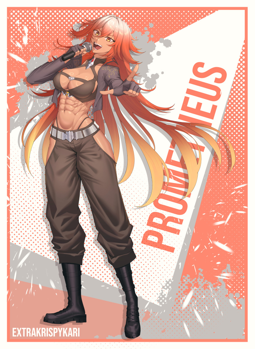 1girl abs absurdres artist_name bikini black_bikini black_boots black_gloves black_jacket black_pants boots borrowed_character breasts character_name cleavage clothing_cutout collarbone commentary commission cropped_jacket english_commentary extrakrispykari fingerless_gloves full_body gloves gradient_hair hair_between_eyes highleg highleg_bikini highres hip_vent holding holding_microphone index_finger_raised jacket knee_boots large_breasts long_hair looking_at_viewer microphone multicolored_hair navel open_clothes open_jacket open_mouth orange_hair original pants red_hair sidelocks solo standing stomach swimsuit teeth white_hair yellow_eyes