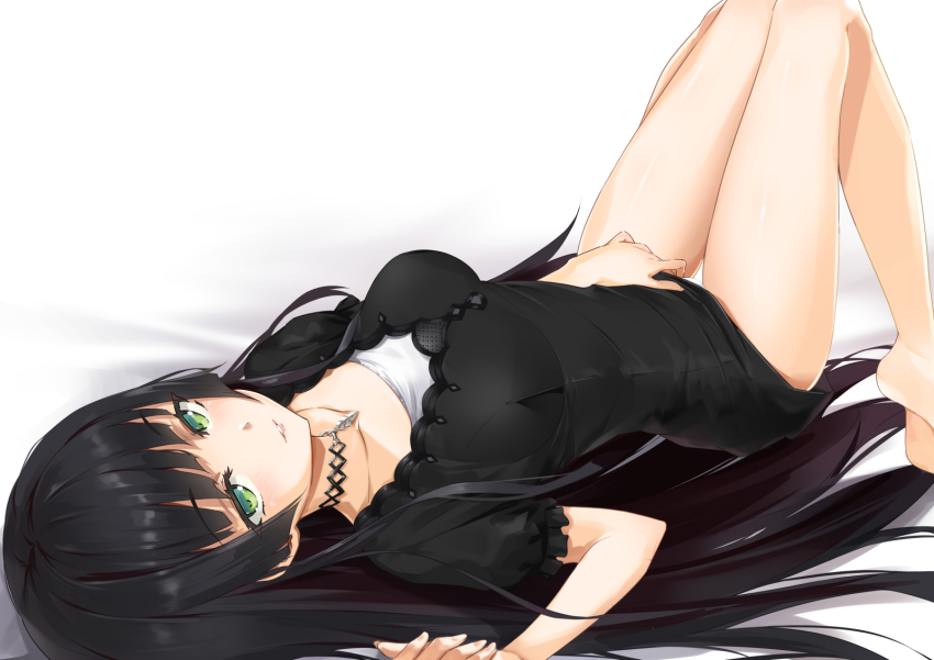 1girl barefoot bishoujo_mangekyou bishoujo_mangekyou:_kotowari_to_meikyuu_no_shoujo bishoujo_mangekyou_(series) bitterpain black_dress black_hair collarbone dress green_eyes highres long_hair lying on_back panties parted_lips renge_(bishoujo_mangekyou) short_dress simple_background soles solo straight_hair underwear very_long_hair white_background white_panties