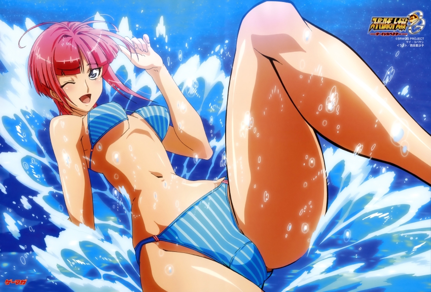 10s 1girl absurdres ahoge banpresto bikini blue_bikini blue_eyes female_focus happy highres mai_kobayashi nishida_asako one_eye_closed pink_hair short_hair solo super_robot_wars super_robot_wars_og_the_inspector super_robot_wars_original_generation super_robot_wars_original_generation_2 swimsuit water wink