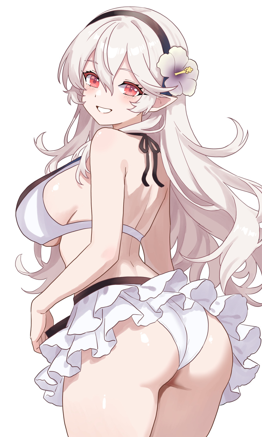 1girl absurdres ass ass_focus back bikini bikini_skirt black_hairband blush breasts female_corrin_(fire_emblem) female_corrin_(novice_vacationer)_(fire_emblem) fire_emblem fire_emblem_fates fire_emblem_heroes flower from_behind grey_hair hair_between_eyes hair_flower hair_ornament hairband highres huge_ass large_breasts long_hair looking_at_viewer looking_back n_54 nintendo official_alternate_costume pointy_ears red_eyes smile solo swimsuit thick_thighs thighs transparent_background underboob white_bikini