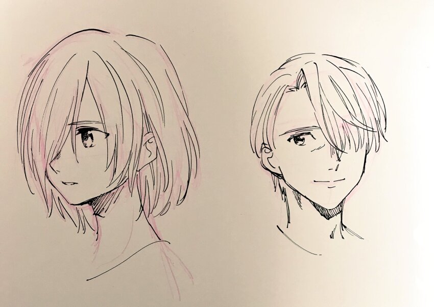 2boys asymmetrical_bangs character_request closed_mouth commentary_request copyright_request cropped_shoulders greyscale hair_over_one_eye highres light_smile looking_at_viewer male_focus monochrome multiple_boys no+bi= parted_lips photo_(medium) short_hair traditional_media viktor_nikiforov yuri!!!_on_ice yuri_plisetsky