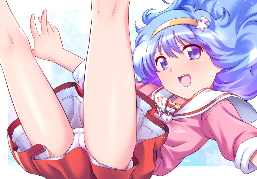 1girl :d blue_eyes blue_hair hair_between_eyes hairband highres himehachi_(hime8manga) kneepits long_hair mahou_no_yousei_persia miniskirt open_mouth panties pantyshot persia_(mahou_no_yousei_persia) pink_shirt red_skirt sailor_collar shirt skirt smile solo star_(symbol) teeth underwear upper_teeth_only white_panties white_sailor_collar yellow_hairband