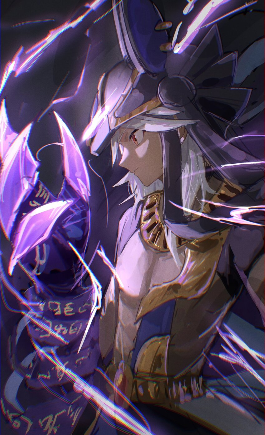 1boy abs animal_ears animal_ears_helmet animal_helmet black_choker choker claws cyno_(genshin_impact) dark-skinned_male dark_skin fake_animal_ears from_side genshin_impact gold_belt gold_trim helmet highres jackal_ears kouchanthree lappet pectorals red_eyes solo upper_body usekh_collar white_hair