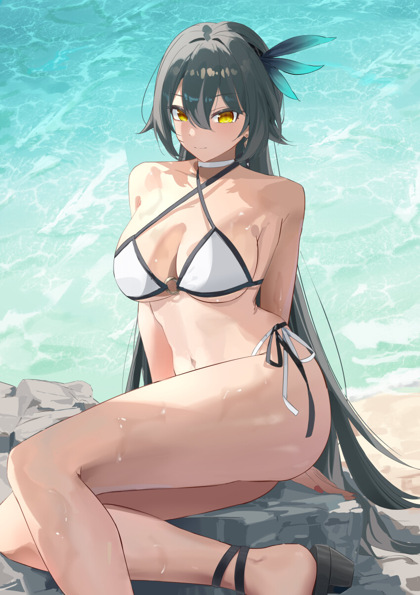 1girl absurdres arm_support bare_shoulders bikini breasts cleavage closed_mouth commentary criss-cross_halter earrings foot_out_of_frame green_hair hair_between_eyes halterneck highres honkai_(series) honkai_impact_3rd jewelry large_breasts lilin_(pixiv_25958194) long_hair looking_at_viewer navel shore side-tie_bikini_bottom smile solo stomach swimsuit thighs very_long_hair vita_(honkai_impact) wet yellow_eyes