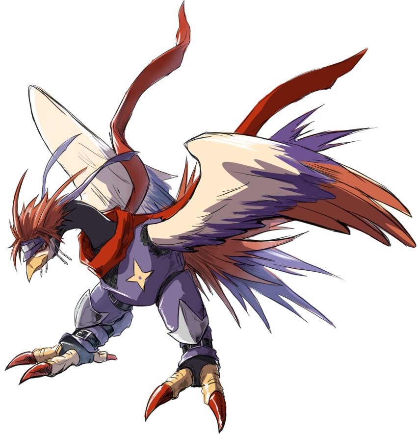beak belt digimon digimon_(creature) highres ninja oridigi original peckmon red_hair solo wings x-antibody