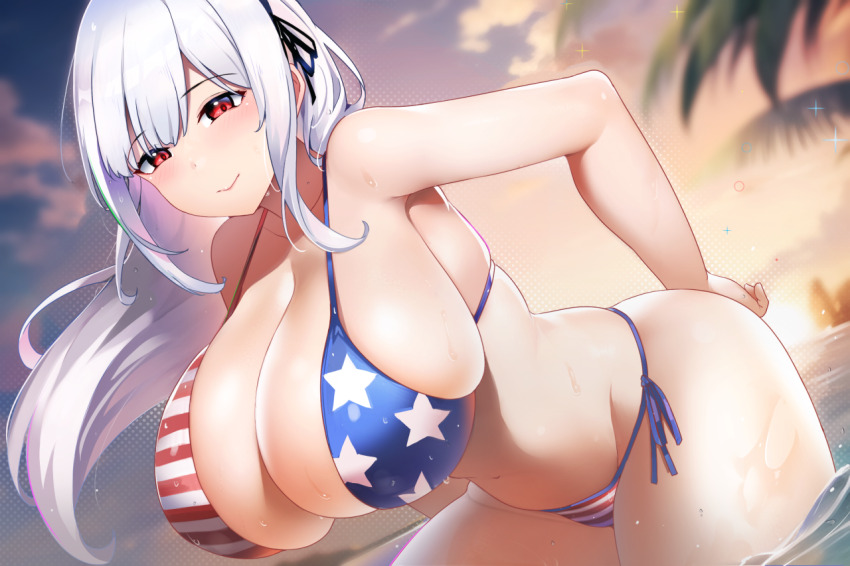 1girl american_flag_bikini american_flag_print armpit_peek bikini black_ribbon blurry blurry_background breasts cleavage closed_mouth cloud cowboy_shot flag_print hair_ribbon hand_on_own_ass huge_breasts leaning_forward long_hair looking_at_viewer original palm_tree print_bikini red_eyes ribbon side-tie_bikini_bottom skindentation smile solo stomach sunset swimsuit thick_thighs thighs tree wading water wet white_hair xiaodi