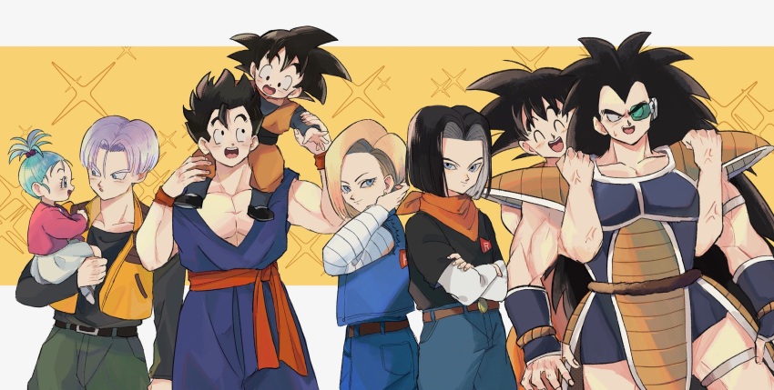 2girls 6+boys :d ^_^ android_17 android_18 armor armpit_carry back-to-back bandana bandana_around_neck belt belt_buckle biceps black_belt black_eyes black_footwear black_hair black_shirt blonde_hair blue_eyes blue_hair blue_jacket blue_pants blue_sash blue_shirt blue_skirt blush bra_(dragon_ball) brother_and_sister brothers brown_belt buckle carrying child closed_eyes closed_mouth commentary_request crossed_arms denim denim_jacket denim_skirt dougi dragon_ball dragonball_z dress eye_contact eyelashes green_pants hair_bobbles hair_ornament hand_up hands_up highres j_ooey jacket jeans layered_sleeves lifting_person long_hair long_sleeves looking_at_another looking_at_viewer looking_to_the_side multiple_boys multiple_girls muscular muscular_male open_clothes open_jacket open_mouth open_vest orange_bandana orange_pants orange_vest pants parted_bangs pauldrons pectorals purple_hair raditz red_jacket red_ribbon_army red_sash saiyan_armor sash scouter shirt shirt_tucked_in shoes short_hair short_over_long_sleeves short_sleeves shoulder_armor siblings simple_background sitting_on_shoulder skirt smile smirk son_gohan son_goku son_goten sparkle spiked_hair striped_sleeves sweatdrop teeth topknot trunks_(dragon_ball) upper_teeth_only v-shaped_eyebrows veins vest white_background white_dress white_shirt wristband yellow_background