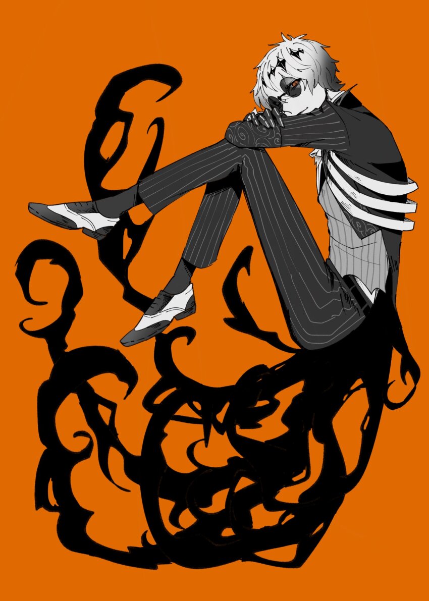 1boy belt black_belt black_gloves black_hairband black_jacket black_pants black_socks closed_mouth coattails crossed_arms diamond_hairband floating from_side full_body gloves grey_vest hair_between_eyes hairband highres jacket knees_up loafers long_sleeves looking_at_viewer male_focus mitsuro_illust open_clothes open_jacket orange_background orange_eyes pants pinstripe_jacket pinstripe_pants pinstripe_pattern pinstripe_vest shoes short_hair simple_background sitting skully_j._graves smile socks solo striped_clothes striped_jacket striped_pants striped_vest twisted_wonderland vertical-striped_clothes vertical-striped_jacket vertical-striped_pants vertical-striped_vest vest white_hair