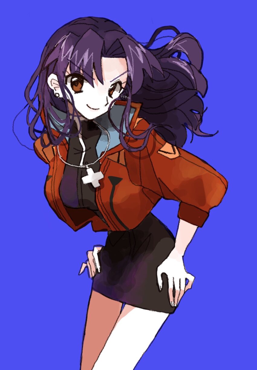 1girl black_skirt blue_background brown_eyes commentary cropped_jacket cross cross_necklace earrings highres jacket jewelry katsuragi_misato long_hair looking_at_viewer necklace neon_genesis_evangelion pencil_skirt purple_hair red_jacket simple_background skirt smile solo stud_earrings v-shaped_eyebrows yasu_urayaka