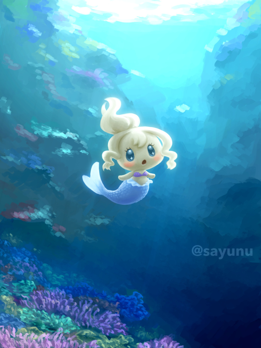 1girl :o bikini blue_eyes blush clulutchi coral female_focus full_body highres mermaid monster_girl open_mouth ponytail sayuri_(sayunu) scales shell shell_bikini solo sparkling_eyes swimsuit tamagotchi tamagotchi!_(anime) tamagotchi!_miracle_friends tamagotchi_(creature) twitter_username underwater