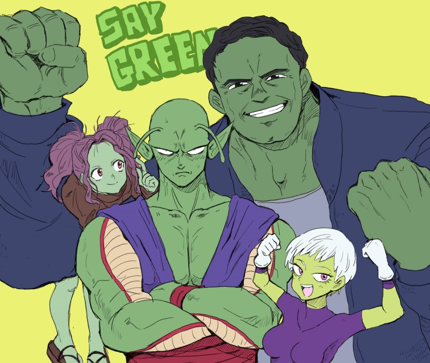 2boys 2girls animification antennae avengers_(series) bald black_hair blue_shirt bodysuit brown_shirt cheelai color_connection colored_skin crossed_arms dragon_ball dragon_ball_super dragon_ball_super_broly english_text gamora green_background green_skin guardians_of_the_galaxy height_difference highres hulk incredible_hulk long_sleeves looking_at_viewer marvel marvel_cinematic_universe multiple_boys multiple_girls noppow piccolo pointy_ears purple_bodysuit purple_eyes purple_hair sandals shirt short_sleeves simple_background upper_body white_hair