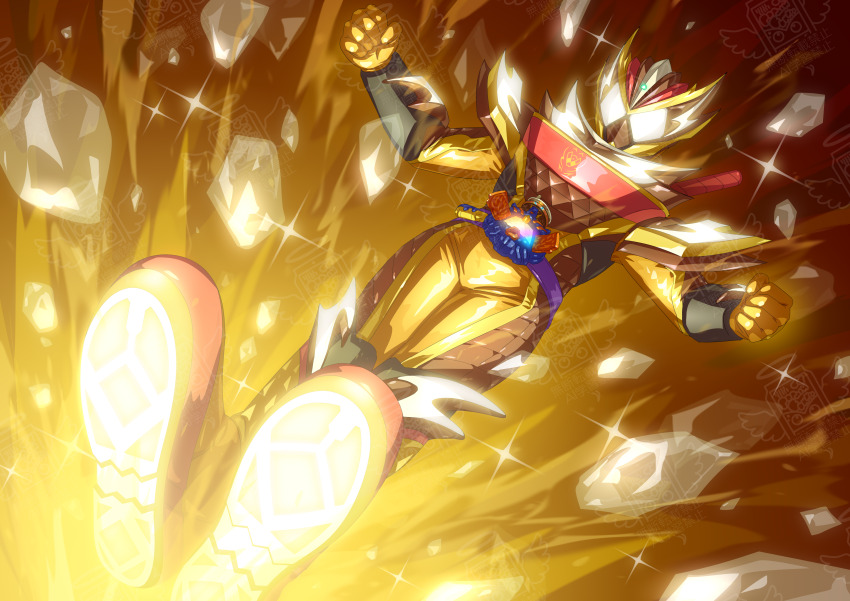 1boy absurdres armor clenched_hands flying_kick full_body glowing gold_armor highres kamen_rider kamen_rider_gavv_(series) kamen_rider_valen kicking male_focus otokamu rider_belt rider_kick shoes solo