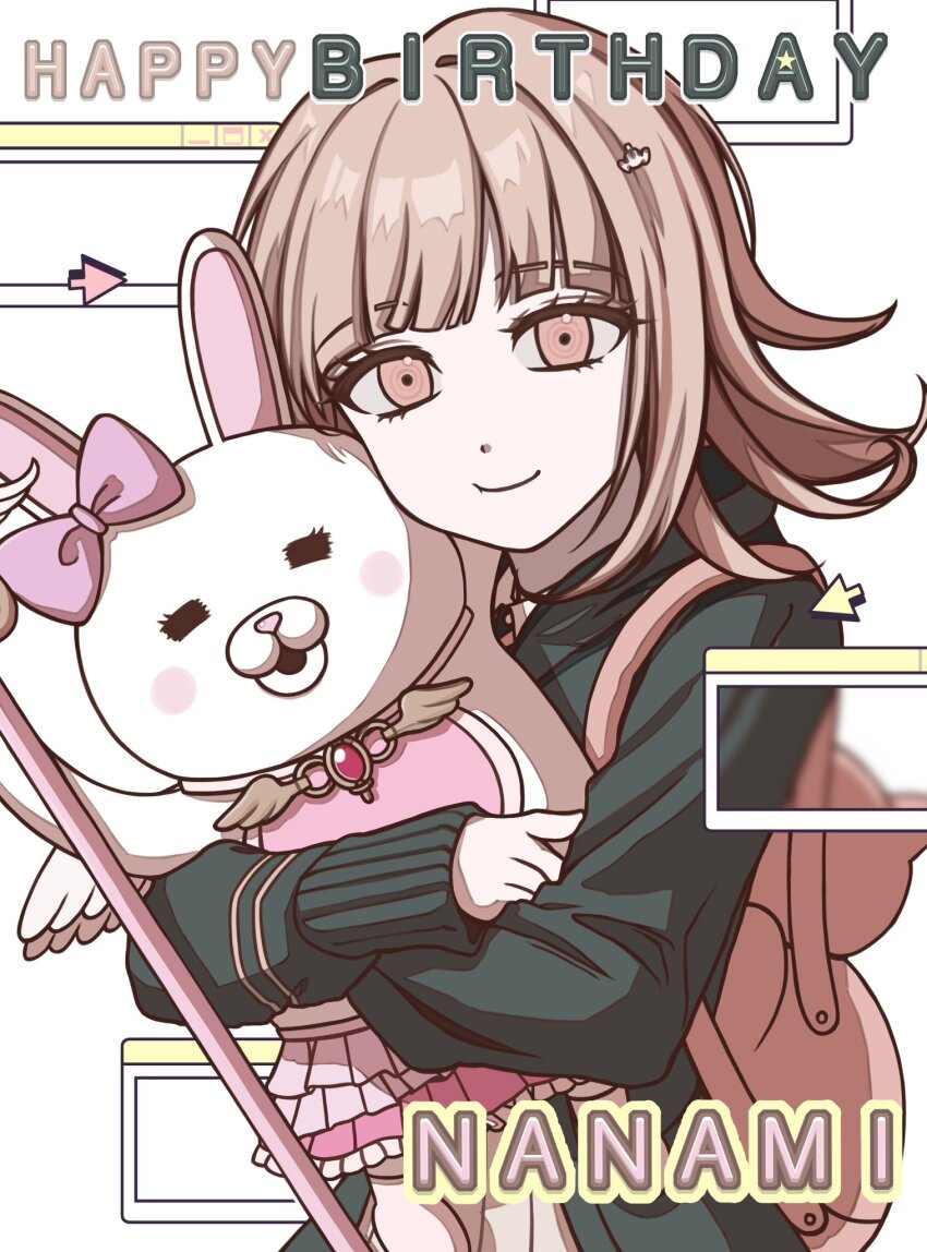 1girl :o animal_bag backpack bag black_jacket bow brown_hair cat_bag character_name collared_shirt danganronpa_(series) danganronpa_2:_goodbye_despair ear_bow flipped_hair hair_ornament happy_birthday highres hug jacket kata_(atptocl) long_sleeves medium_hair nanami_chiaki open_clothes pink_bag pink_bow pink_eyes shirt skirt smile usami_(danganronpa) white_shirt