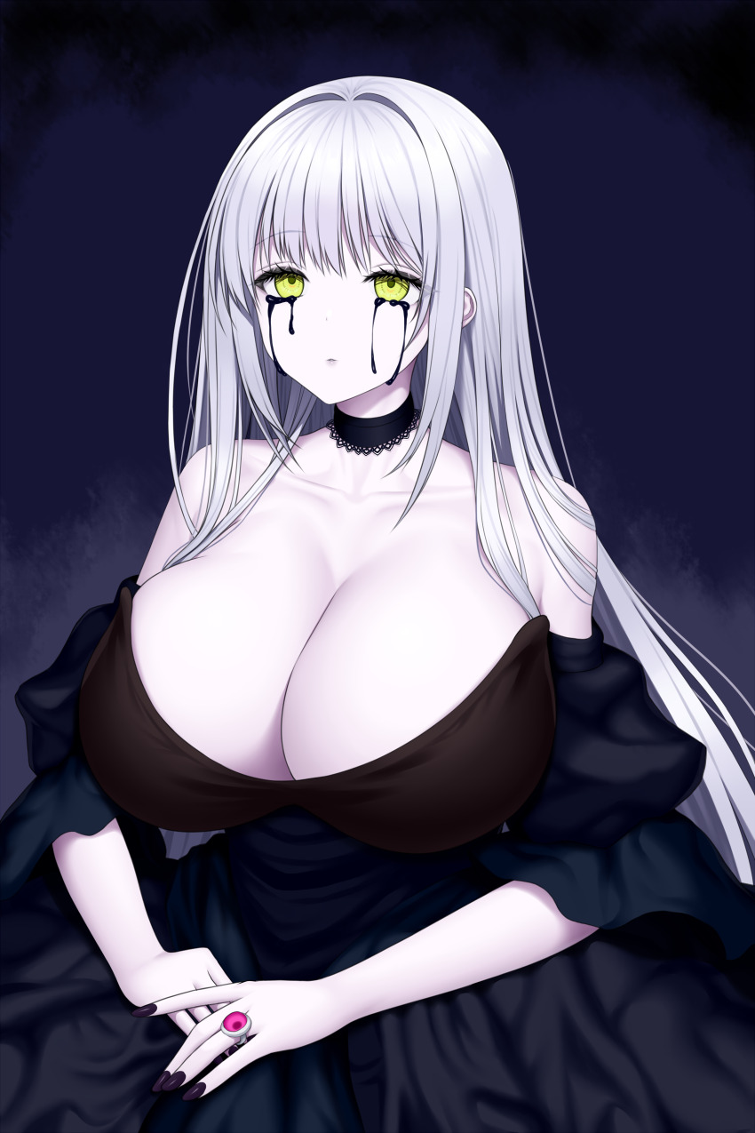1girl absurdres asamura_hiori bare_shoulders black_choker black_dress black_liquid black_nails black_tears breasts choker closed_mouth collarbone dress grey_hair highres huge_breasts jewelry liquid_from_eyes long_hair nail_polish original ornate_ring pale_skin ring solo tears yellow_eyes