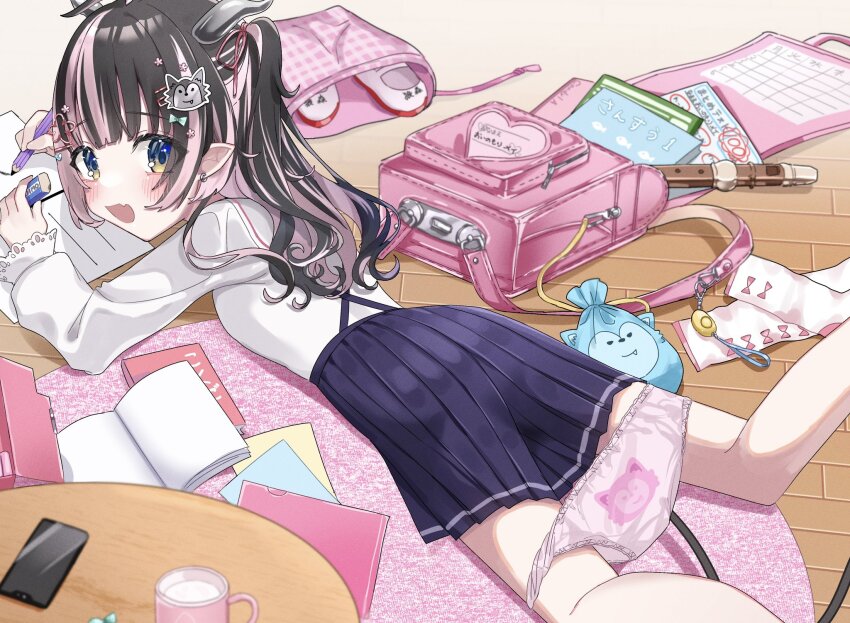 1girl back-print_panties black_hair blue_eyes blush book cellphone commentary_request demon_girl demon_horns demon_tail drawing_(action) earrings eraser fang feet_out_of_frame flute grey_horns hair_ornament hair_ribbon hairclip highres holding holding_pencil horns instrument jewelry long_hair looking_at_viewer lying multicolored_hair nanashi_inc. official_alternate_costume oinomori_may oinomori_may_(2nd_costume) on_stomach open_book open_mouth panties panty_pull pencil phone pink_bag pink_hair pink_panties pink_ribbon pointy_ears print_panties purple_skirt recorder ribbon shirt shoes single_earring skin_fang skirt smartphone smile solo suspender_skirt suspenders tail tamotsu_(mary) the_pose two-tone_hair underwear unworn_shoes virtual_youtuber white_shirt white_shoes wooden_floor
