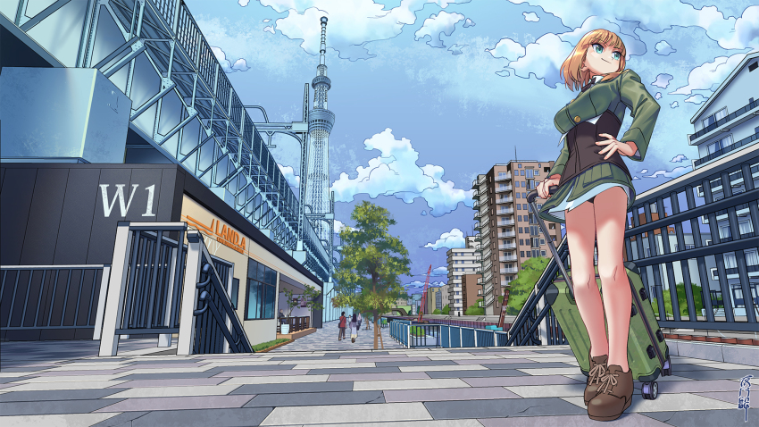 1girl black_panties blue_eyes blue_sky breasts brown_corset brown_hair brown_shoes building closed_mouth cloud commentary_request commission corset day full_body green_jacket green_skirt gundula_rall hand_on_own_hip highres holding holding_suitcase jacket large_breasts long_sleeves okuribi outdoors panties pantyshot shoes short_hair skeb_commission skirt sky smile sneakers solo_focus standing strike_witches suitcase tokyo_skytree tree underwear world_witches_series