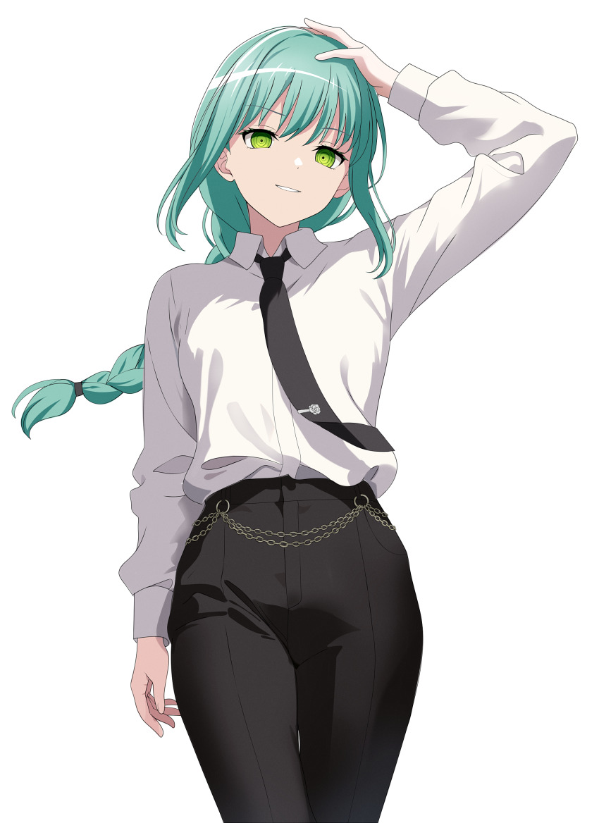 1girl absurdres aqua_hair bang_dream! black_necktie black_pants braid braided_ponytail chain chainsaw_man commentary cosplay dress_shirt evil_grin evil_smile fries_vanquisher green_eyes grin hand_on_own_head highres hikawa_sayo long_hair long_sleeves looking_at_viewer makima_(chainsaw_man) makima_(chainsaw_man)_(cosplay) necktie pants ringed_eyes shirt simple_background single_braid smile solo white_background white_shirt
