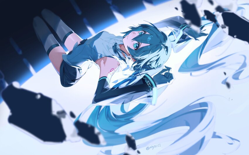 1girl ahoge aqua_eyes aqua_hair aqua_necktie black_skirt black_sleeves crossed_bangs cyber_fashion debris detached_sleeves double-parted_bangs gloves hatsune_miku hatsune_miku_(vocaloid3) highres long_hair looking_at_viewer lying necktie number_tattoo olys on_back perspective pleated_skirt shirt shoulder_tattoo sidelocks skirt sleeveless sleeveless_shirt solo tattoo thighhighs twintails very_long_hair vocaloid white_gloves white_shirt