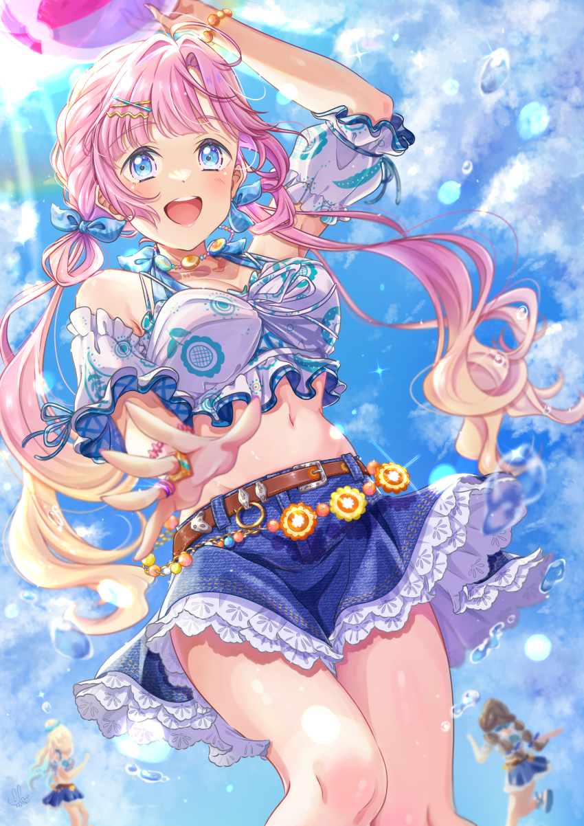 3girls :d absurdres ahoge alternate_costume anyoji_hime arm_up bare_shoulders belt bikini blue_bow blue_eyes blue_skirt blue_sky blunt_bangs blush bow braid breasts brown_belt cleavage collarbone commentary denim denim_skirt detached_sleeves english_commentary feet_out_of_frame frilled_sleeves frills fujishima_megumi hair_bow hair_intakes highres iroenpitsu_xxx large_breasts link!_like!_love_live! long_hair love_live! low_twintails miniskirt multiple_girls natsumeki_pain off-shoulder_bikini off_shoulder open_mouth osawa_rurino pink_hair side_braids sidelocks skirt sky smile solo_focus stomach swept_bangs swimsuit twintails virtual_youtuber watermark white_bikini white_sleeves
