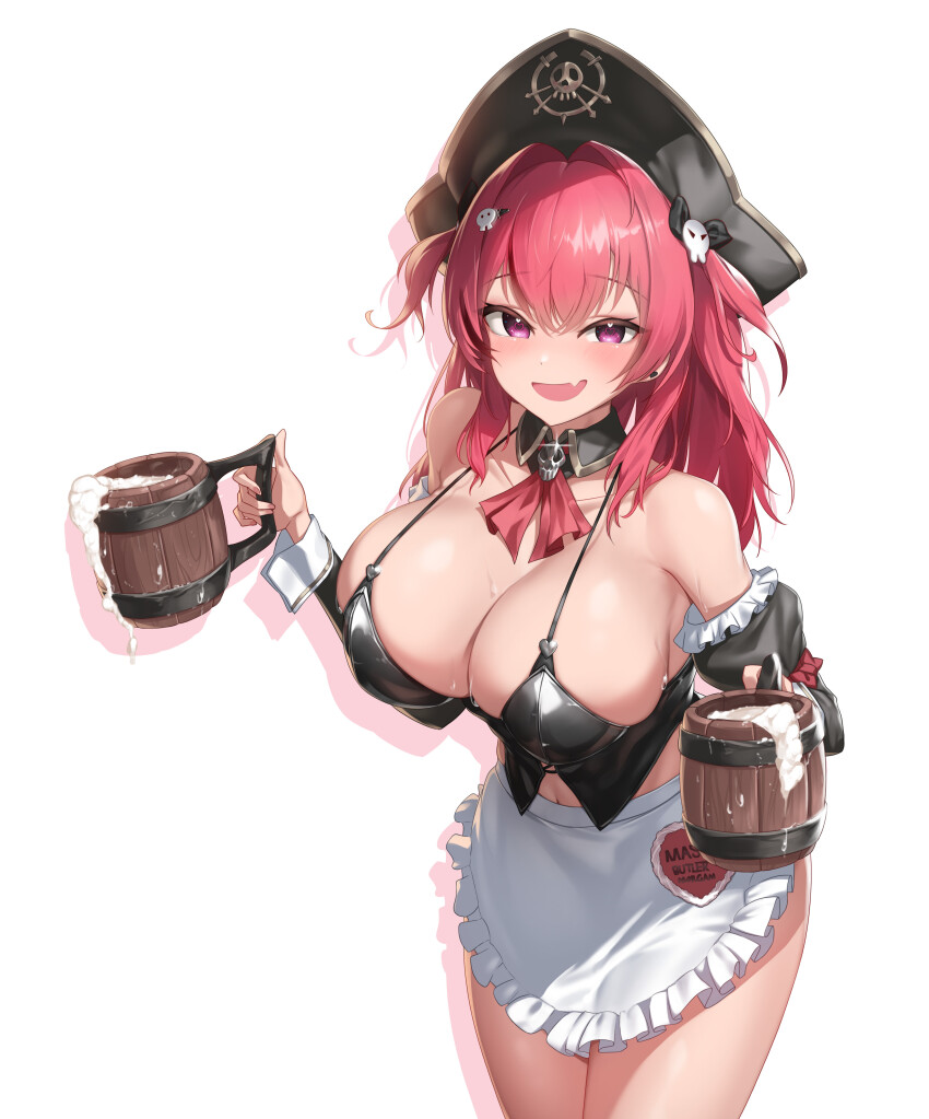 1girl absurdres apron ascot black_collar black_hat black_sleeves breasts cleavage collar collarbone cup detached_collar detached_sleeves fang froth goddess_of_victory:_nikke hat heart heart_in_eye highres holding holding_cup large_breasts long_hair mast_(nikke) mast_(romantic_maid)_(nikke) navel pellpt pink_hair purple_eyes red_ascot shadow skin_fang skull_ornament smile solo sweat symbol_in_eye tankard waist_apron white_apron white_background