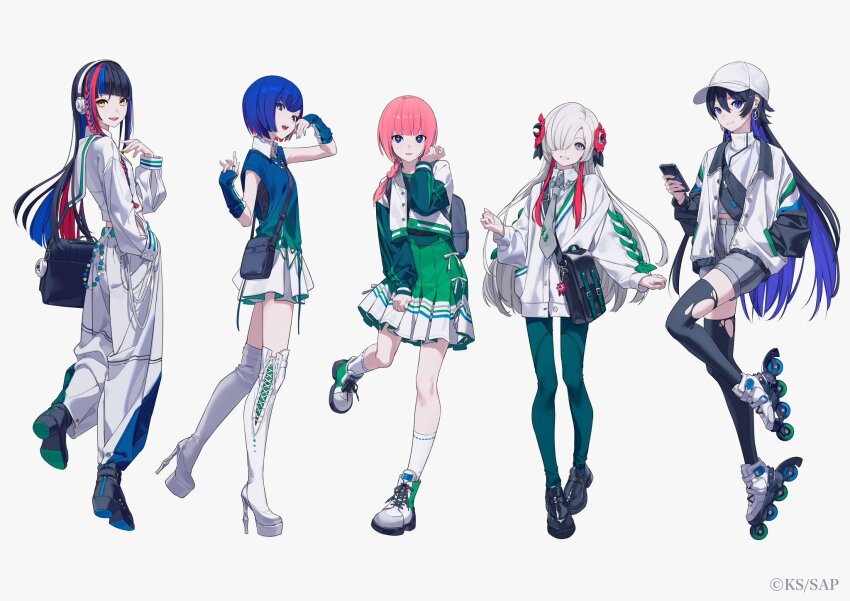 5girls alternate_costume arm_warmers backpack bag baseball_cap black_hair blue_eyes blue_hair blunt_bangs boots braid cargo_pants collared_shirt colored_inner_hair commentary_request copyright_notice cross-laced_shoes earrings fanny_pack flower full_body grey_eyes grey_hair hair_between_eyes hair_flower hair_ornament hair_over_one_eye hand_in_pocket harusaruhi hat headphones high_heel_boots high_heels highres holding holding_phone hoop_earrings isekaijoucho jacket jewelry kaf_(kamitsubaki_studio) kamitsubaki_studio koko_(kamitsubaki_studio) long_hair long_sleeves looking_at_viewer low_twin_braids multicolored_hair multiple_girls necktie official_art one_eye_covered open_clothes open_jacket pants pantyhose phone pink_hair pleated_skirt red_hair rim_(kamitsubaki_studio) ritao_kamo roller_skates shirt shoes short_hair shorts shoulder_bag side_braid simple_background skates skirt sleeveless sleeveless_sweater sneakers socks standing streaked_hair sweater thigh_boots thighhighs torn_clothes torn_pantyhose twin_braids virtual_youtuber white_background yellow_eyes