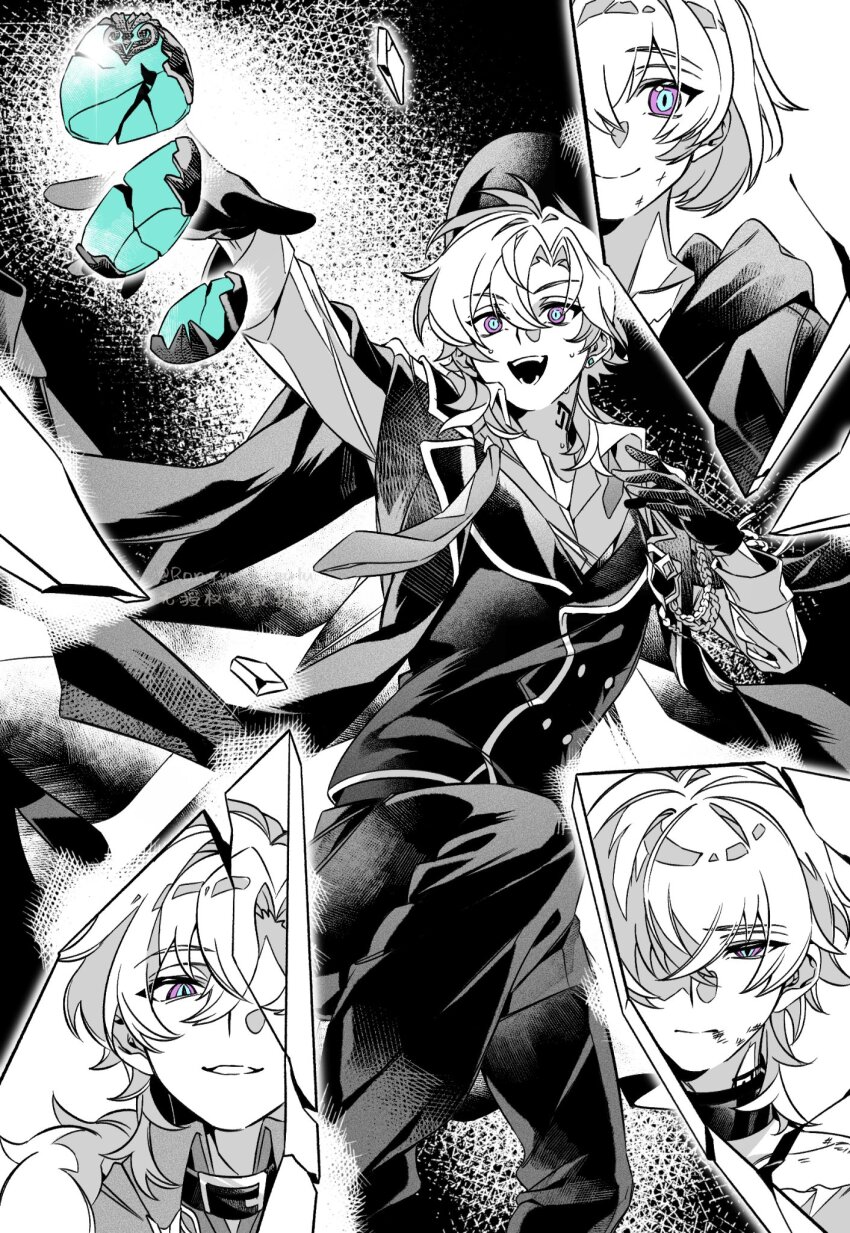 1boy arm_up aventurine_(honkai:_star_rail) aventurine_(stoneheart&#039;s_oath_ring)_(honkai:_star_rail) blue_eyes blue_gemstone buttons child closed_mouth collar collarbone collared_shirt cowboy_shot crystal_earrings earrings evolutionary_line fur_trim gem greyscale hair_between_eyes hair_over_one_eye hand_up hat highres honkai:_star_rail honkai_(series) hood hooded_jacket injury jacket jewelry kakavasha_(honkai:_star_rail) lapels long_sleeves male_focus monochrome multicolored_eyes multiple_views neck_tattoo necktie official_alternate_costume open_clothes open_jacket open_mouth pants puffy_long_sleeves puffy_sleeves purple_eyes rongyuan_gulu shirt short_hair simple_background smile standing sweat tattoo teeth upper_body vest