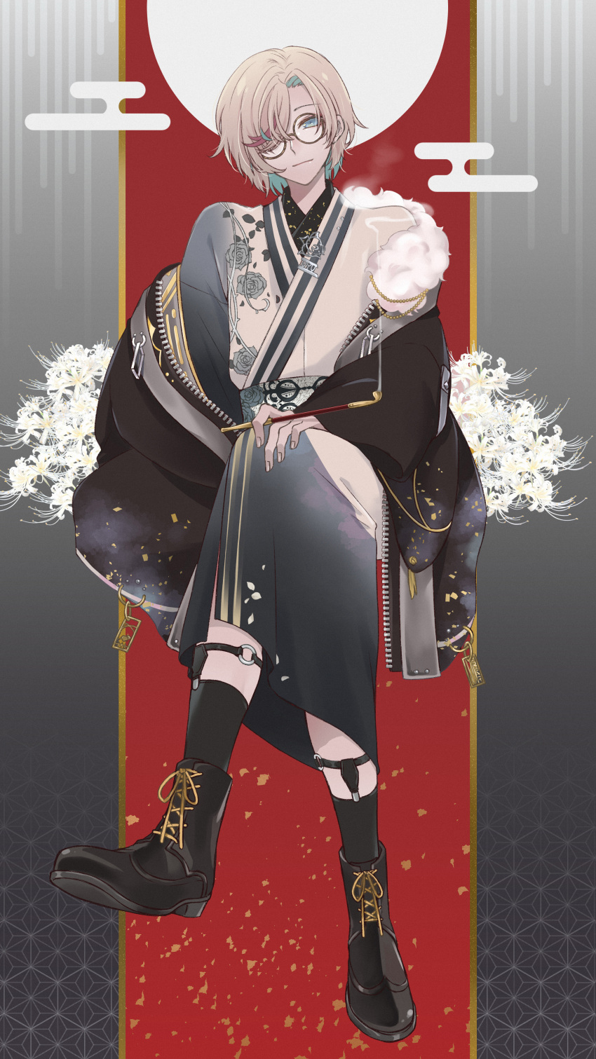 1boy absurdres aqua_hair asa_no_ha_(pattern) bespectacled black_boots black_jacket black_kimono black_socks blonde_hair blue_eyes boots brown_kimono colored_inner_hair egasumi floral_print flower full_body fur-trimmed_jacket fur_trim glasses gradient_background grey_background hair_over_one_eye highres holding holding_smoking_pipe holostars invisible_chair jacket japanese_clothes keishi_(trap) kimono legwear_garter looking_at_viewer male_focus multicolored_hair off_shoulder official_alternate_costume pink_hair rose_print round_eyewear sash short_hair sitting smile smoke smoking_pipe socks solo spider_lily streaked_hair two-tone_kimono utsugi_uyu virtual_youtuber white_flower white_spider_lily zipper