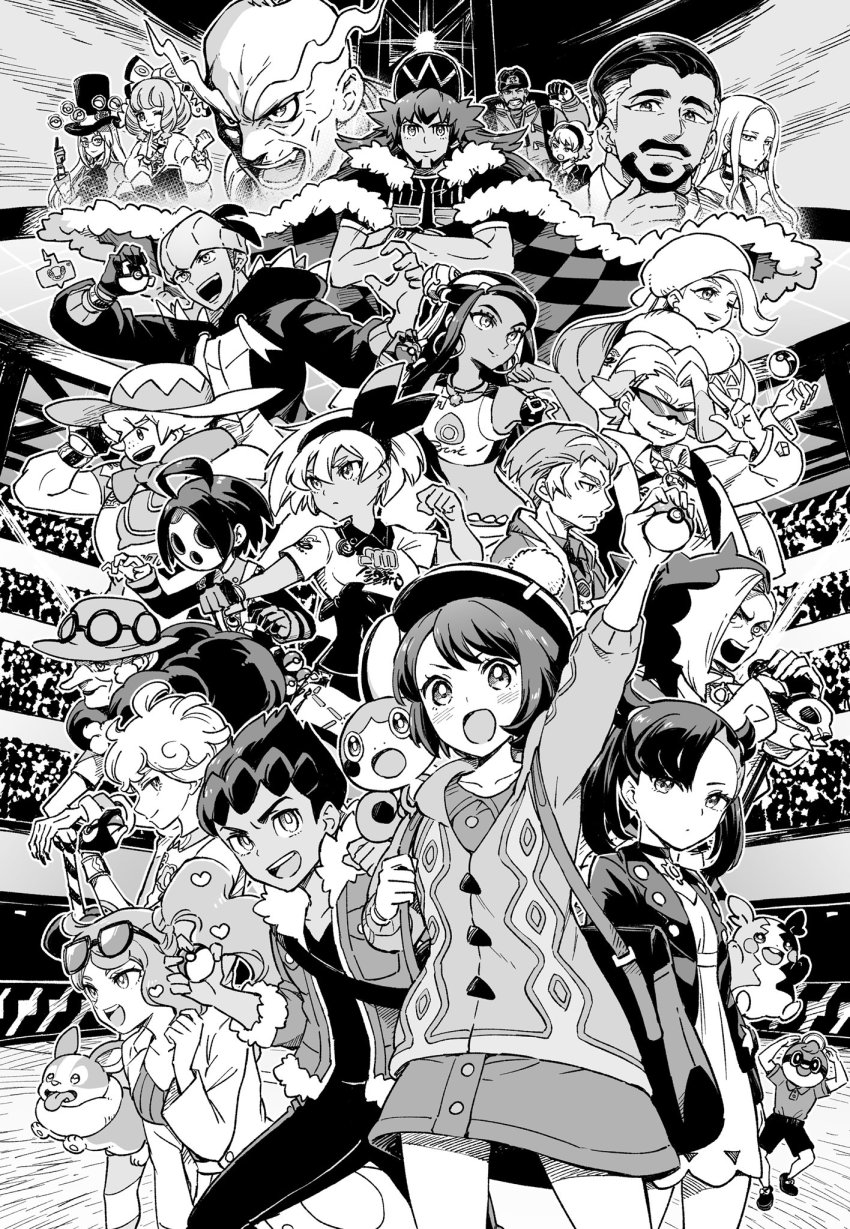 6+boys 6+girls ahoge allister_(pokemon) argyle arm_up avery_(pokemon) backpack bag ball_guy baseball_cap bea_(pokemon) bede_(pokemon) blush buttons cable_knit cane cape cardigan champion_uniform choker clenched_hands closed_mouth collared_dress collared_shirt commentary_request crossed_arms curly_hair dress dynamax_band earrings expedition_uniform eyelashes eyewear_on_head facial_hair floating floating_object fur-trimmed_cape fur-trimmed_jacket fur_trim gen_4_pokemon gen_8_pokemon gloria_(pokemon) gloves gordie_(pokemon) greyscale hair_ornament hand_up hat heart heart_hair_ornament helmet highres holding holding_cane holding_poke_ball holding_strap holster hood hood_down hoodie hop_(pokemon) index_finger_raised jacket jewelry kabu_(pokemon) klara_(pokemon) leon_(pokemon) long_eyebrows long_hair long_sleeves looking_at_viewer marnie_(pokemon) mask melony_(pokemon) milo_(pokemon) monochrome morpeko morpeko_(full) multiple_boys multiple_girls mustard_(pokemon) navel nessa_(pokemon) nintendo oleana_(pokemon) one_eye_closed opal_(pokemon) open_clothes open_jacket open_mouth pants partially_fingerless_gloves peonia_(pokemon) peony_(pokemon) poke_ball poke_ball_(basic) pokemon pokemon_(creature) pokemon_swsh raihan_(pokemon) ribbed_shirt rose_(pokemon) rotom rotom_phone scarf sharumon shirt short_hair short_sleeves side_ponytail sidelocks single_glove sonia_(pokemon) stadium sunglasses teeth telekinesis tongue top_hat towel towel_around_neck upper_teeth_only yamper
