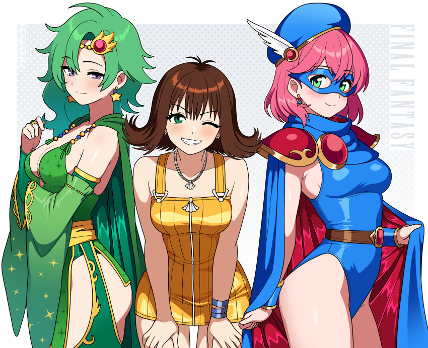 3girls absurdres belt blue_bodysuit blue_cape blue_hat blue_leotard blue_mage_(final_fantasy) blue_mask bodysuit border breasts brown_belt brown_hair cape closed_mouth copyright_name detached_sleeves dress earrings final_fantasy final_fantasy_iv final_fantasy_v final_fantasy_viii green_cape green_eyes green_hair green_sleeves grey_background hat highres in-franchise_crossover jewelry lenna_charlotte_tycoon leotard long_hair looking_at_viewer multiple_girls necklace nico-neko parted_lips pink_hair purple_eyes rydia_(ff4) selphie_tilmitt shoulder_pads simple_background star_(symbol) star_earrings two-tone_background upper_body white_border wing_hat_ornament yellow_dress