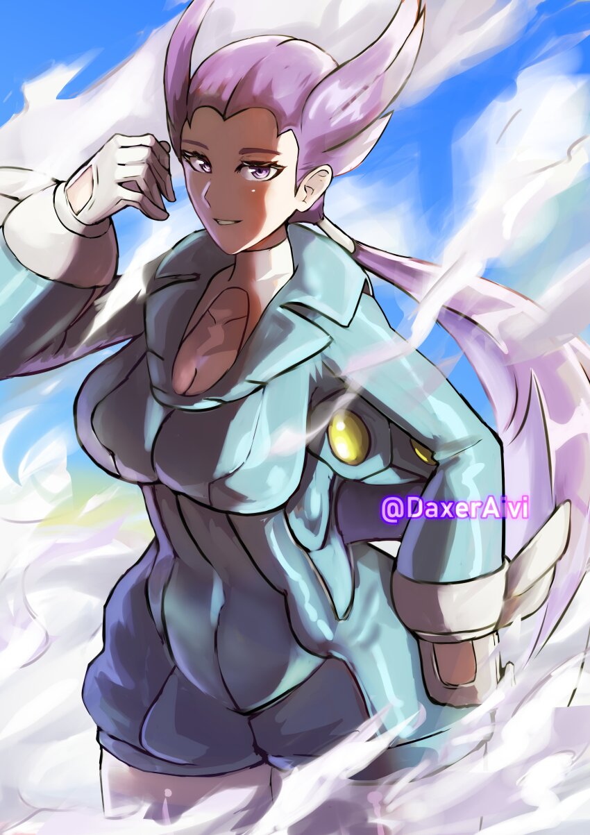 1girl absurdres artist_name blue_feathers blue_suit blue_unitard breasts cleavage collarbone daxeraivi feathers formal_clothes gloves goggles grin helmet highres holding holding_helmet long_hair long_sleeves medium_breasts nintendo pilot_helmet pilot_suit pokemon pokemon_oras ponytail purple_eyes purple_hair smile solo suit unitard unworn_headwear winona_(pokemon)